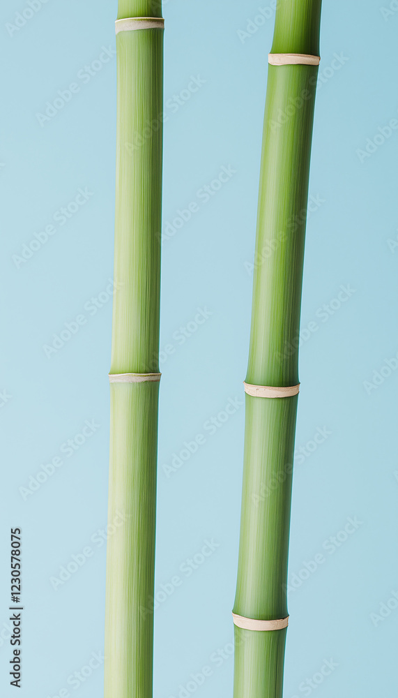 Fototapeta premium Bamboo Serenity: Two vibrant green bamboo stalks stand tall against a serene light-blue backdrop, symbolizing strength, flexibility, and natural harmony. 