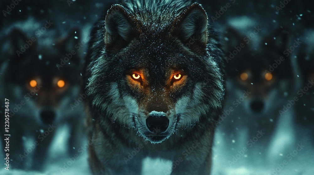 Majestic wolves with glowing eyes prowling through a snowy forest at twilight Majestic wolves with glowing eyes prowling through a snowy forest at twilight