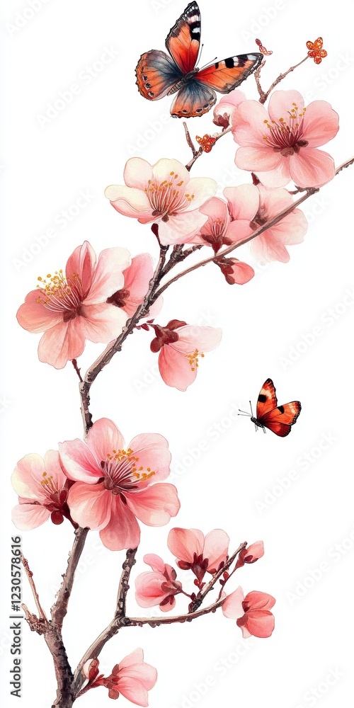 Naklejka premium Delicate Pink Blossom and Butterfly