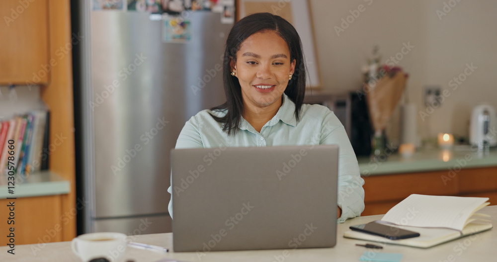 Remote work from home, laptop and woman with smile, internet and connection with online reading. Person, writer and copywriting with computer, research for project and creativity with ideas and book Remote work from home, laptop and woman with smile, internet and connection with online reading. Person, writer and copywriting with computer, research for project and creativity with ideas and book