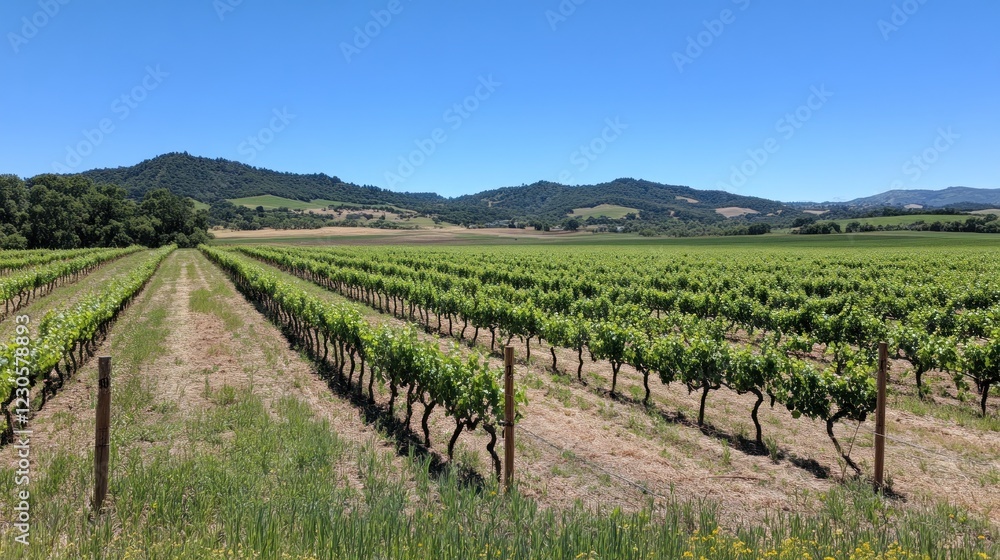 Vineyard Rows Stretch Towards Rolling Hills Under a Clear Sky Vineyard Rows Stretch Towards Rolling Hills Under a Clear Sky