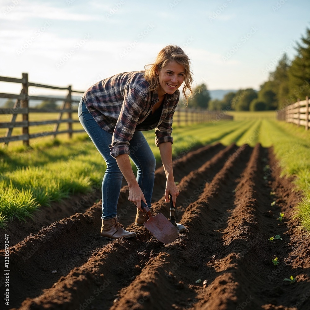 Fototapeta premium Smiling Woman Planting Crops in a Sunlit Farm Field with Fresh Soil