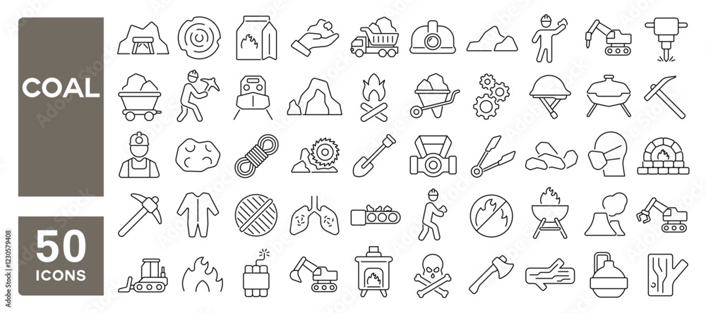 Fototapeta premium Set of 50 line icons related to coal, mining, factory, extraction, fuel, grill, excavator, wood, miner, cave, charcoal, Editable stroke. Vector illustration