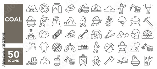 Set of 50 line icons related to coal, mining, factory, extraction, fuel, grill, excavator, wood, miner, cave, charcoal, Editable stroke. Vector illustration