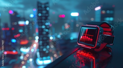 Smartwatch Digital Progress Bar Against Futuristic Cityscape for Fitness Tracking Design