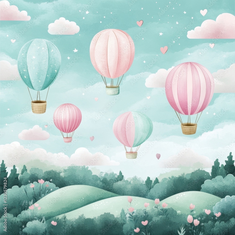 Obraz premium Pastel Hot Air Balloons Soaring Over Rolling Green Hills