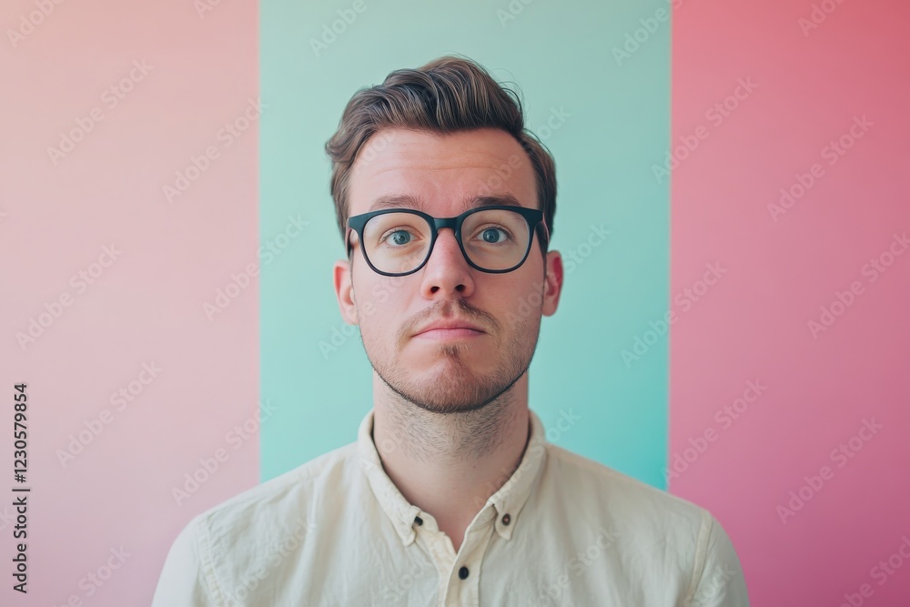 Young Man with Glasses Against a Colorful Background in a Studio Setting Young Man with Glasses Against a Colorful Background in a Studio Setting