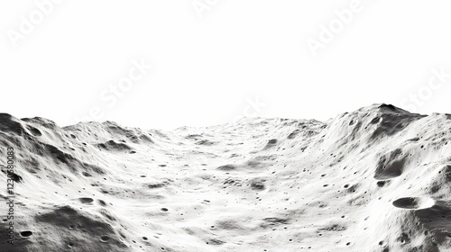 Top-view of rugged moon terrain with craters and rocky surface. a minimal barren lunar landscape. isolated on a white background. Lunar Plains. Illustration