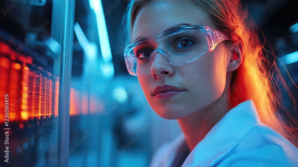 Focused Scientist in Laboratory with Safety Glasses and Blue-Orange Lighting Focused Scientist in Laboratory with Safety Glasses and Blue-Orange Lighting