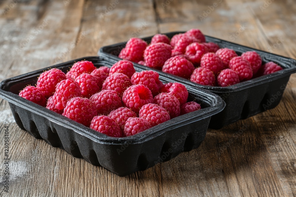 Fresh Raspberries in Black Containers Fresh Raspberries in Black Containers