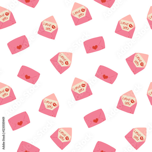 Elegant pink letters and envelopes in a seamless vector pattern. Decorative Valentine’s illustration for festive themes. Suitable for fabric prints, advertisements, party decor, and flyers.