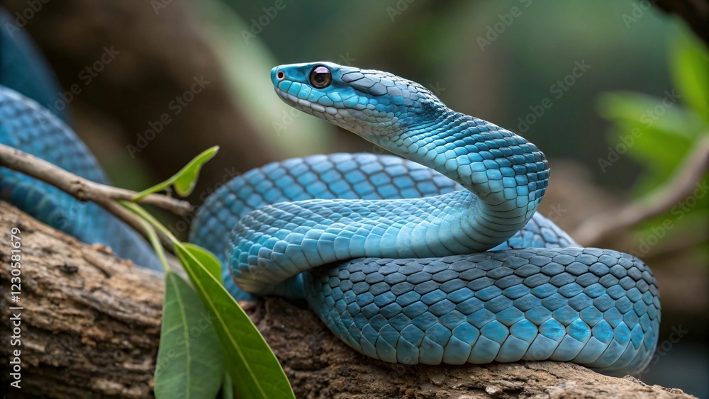Fototapeta premium Striking Blue Snake in a Lush Forest