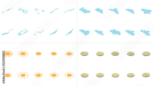 isometric architecture site analysis symbol icon element drawing graphic flat isolated vector. architecture element line sun wind sound sun path vegetation.