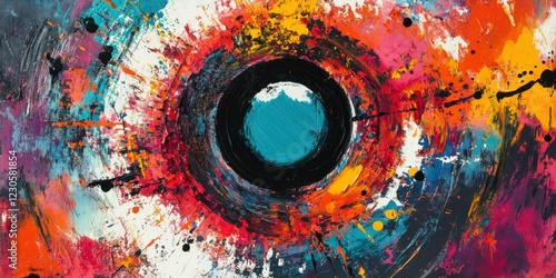 Vibrant abstract painting with a central blue circle surrounded by colorful splashes. Suitable for art promotion, home decor, and creative projects.