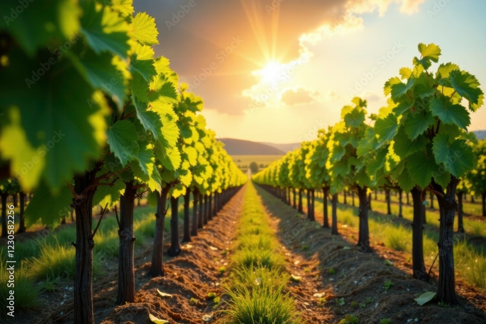 Fototapeta premium Weintrauben reifen auf einem bunten Blatt unter einer Sonnenstrahlung, leaves, wine, landscape