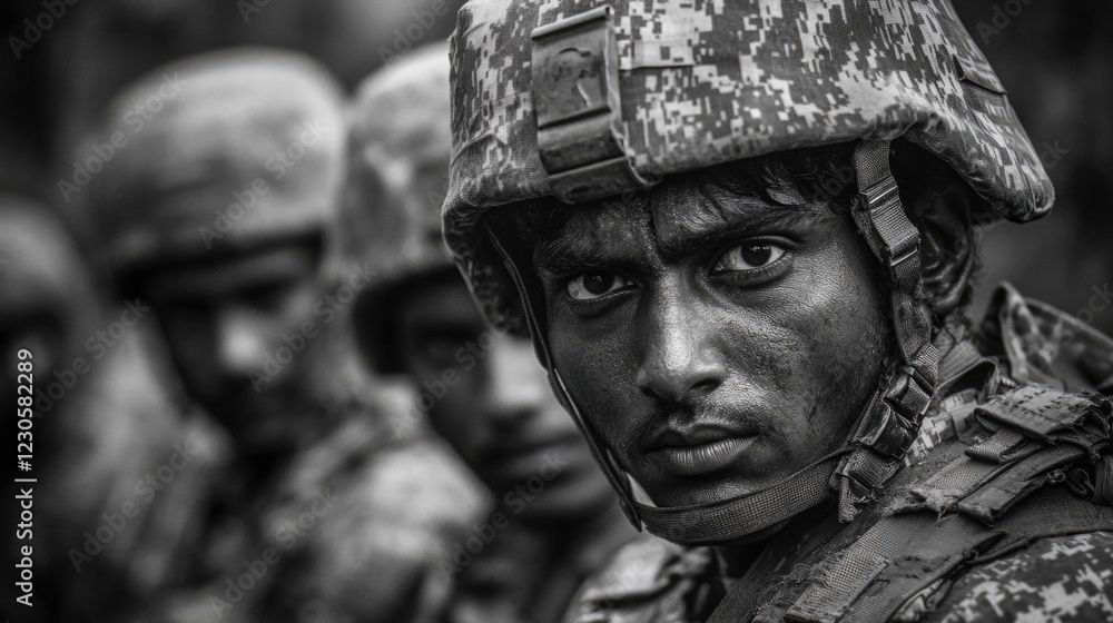 A soldier in a camo military uniform with gunpowder on his face, ready for combat. A soldier in a camo military uniform with gunpowder on his face, ready for combat.