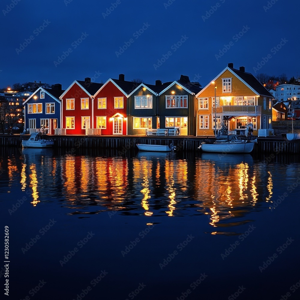 Colorful houses on the quay at night in Bergen, Norway. Colorful houses on the quay at night in Bergen, Norway.