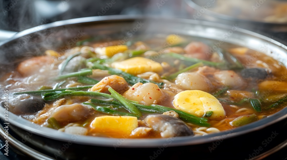 Steaming Hot Spicy Asian Noodle Soup with Tofu and Seafood Steaming Hot Spicy Asian Noodle Soup with Tofu and Seafood