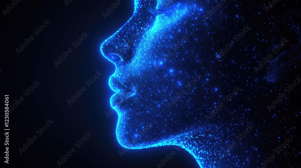 Obraz premium Digital Abstract Profile: Blue Neon Particles Forming a Futuristic Female Face