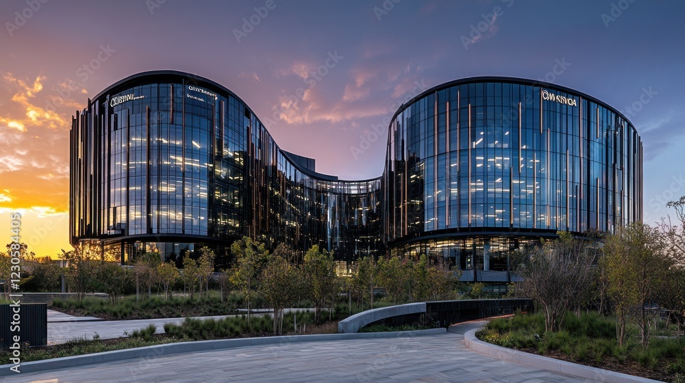 Obraz premium Modern Glass Office Building at Sunset