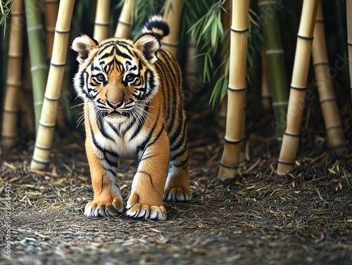 A young tiger walking among bamboo stalks, in an enclosure setting.