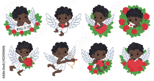 Cute African American cupids set. Characters for Valentine's Day. Charming cupids sitting in flowers, with an envelope, taking aim with a bow.