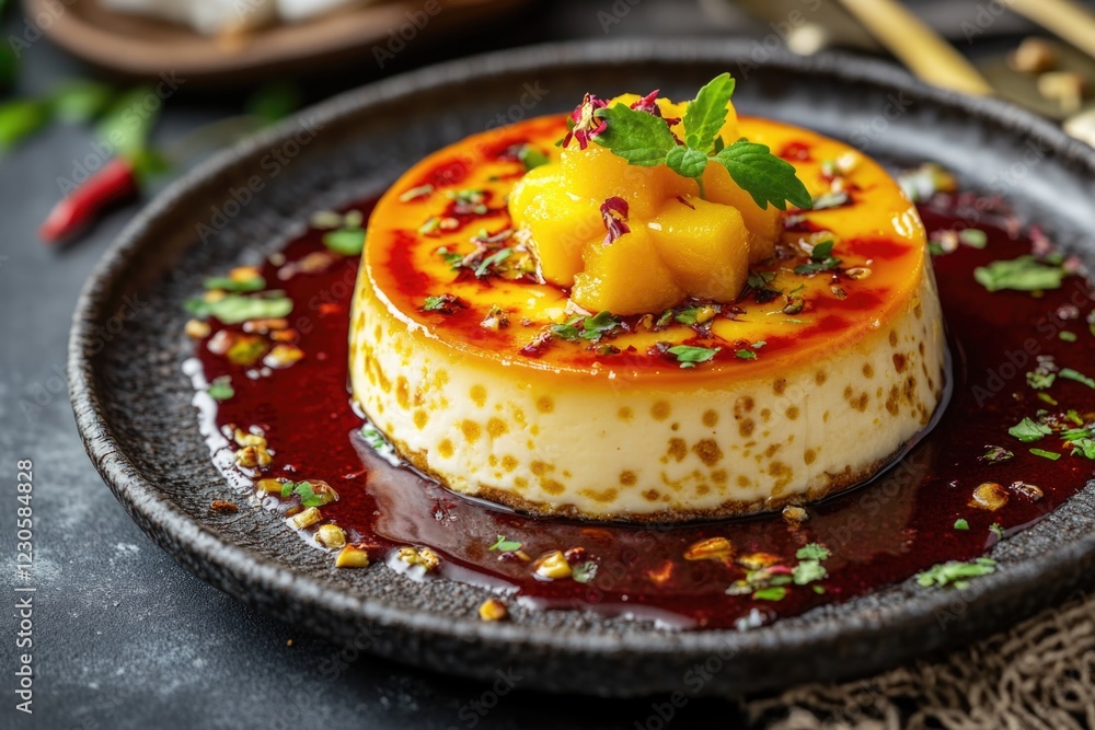 Yummy dessert with a creamy texture, featuring pomegranate glaze and garnished with fresh herbs. Yummy dessert with a creamy texture, featuring pomegranate glaze and garnished with fresh herbs.