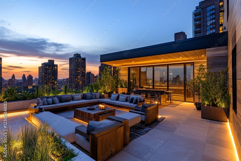 Modern rooftop terrace with seating area and city view at dusk Modern rooftop terrace with seating area and city view at dusk