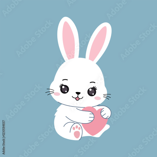 Adorable rabbit sitting with a heart in its paws. Cute children's animal character. White bunny for Valentine's Day, birthday and other holidays.