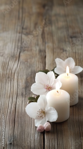 Softly glowing candles surrounded by pink flowers create a calming ambiance on a wooden surface, perfect for relaxation or decor