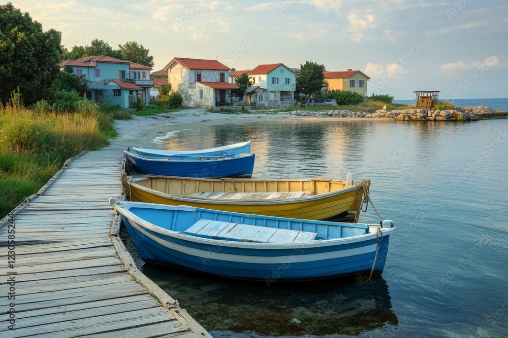 Traditional fishing boats moored near a quiet coastal village Traditional fishing boats moored near a quiet coastal village
