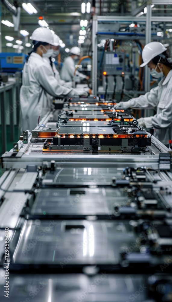 Naklejka premium High-Tech Manufacturing: Workers Assembling Lithium-Ion Cells in a Controlled Factory Environment