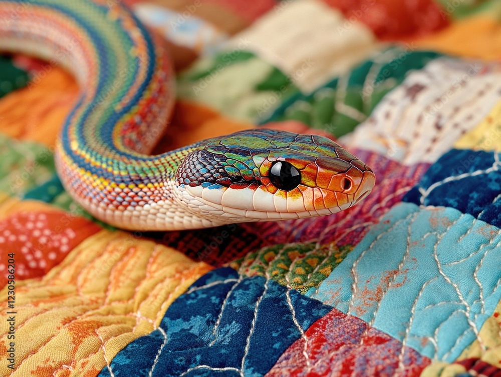 Fototapeta premium A multicolored snake with striking eyes resting on a patterned quilt.