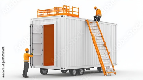 Construction workers assembling a portable storage container with a ladder and safety railing