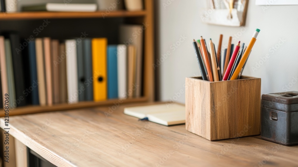 Obraz premium Wooden desk with pencils, notebook, and books.