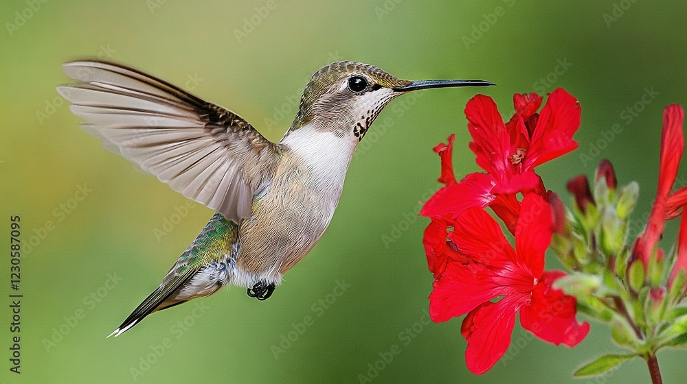 Fototapeta premium Hummingbird perched on red flower in front of green-red blur