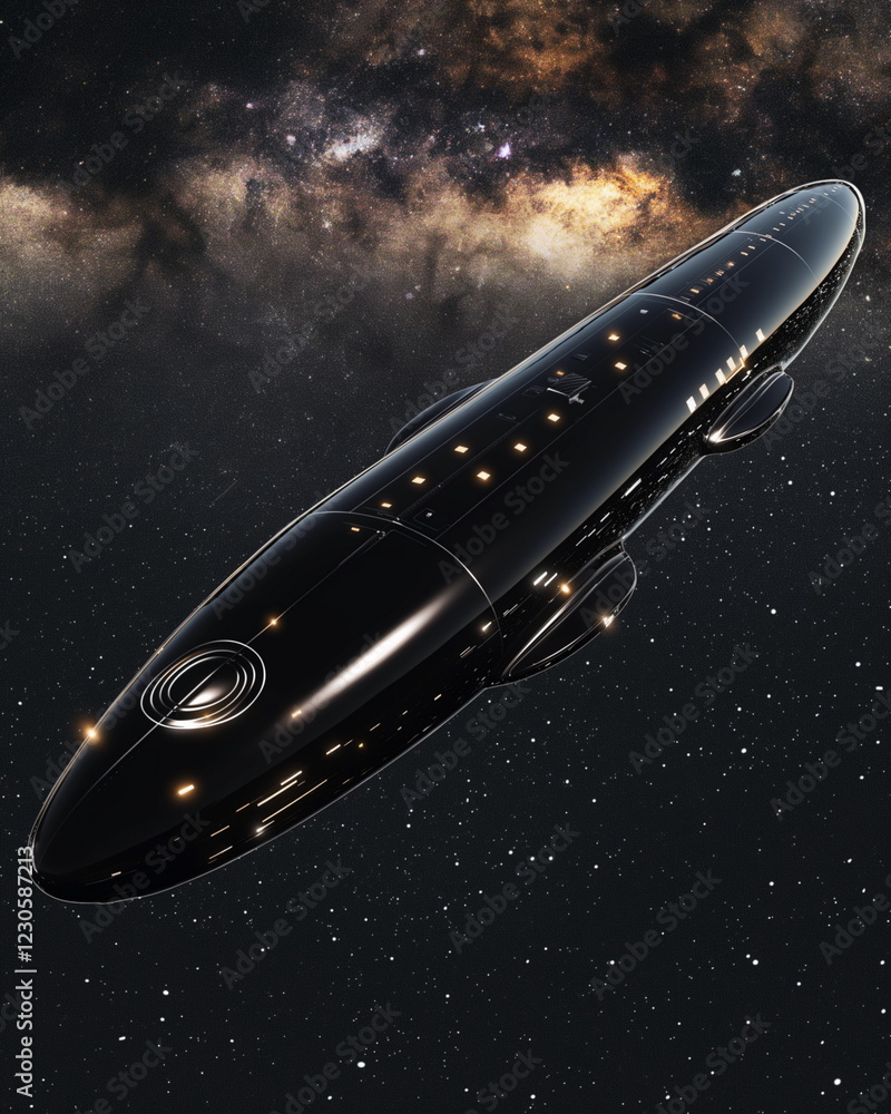 A cigar-shaped UFO with a black and silver body re_002 A cigar-shaped UFO with a black and silver body re_002