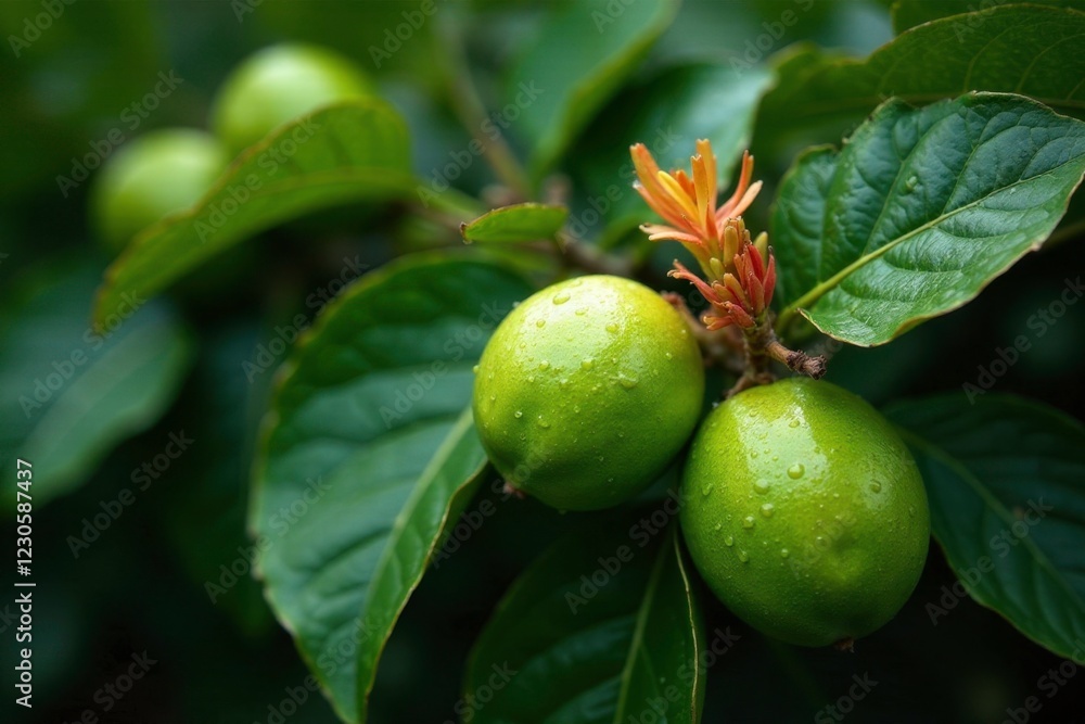 Wet guava leaves on a vine entwined with flowers, botanical, garden, guava leaves Wet guava leaves on a vine entwined with flowers, botanical, garden, guava leaves