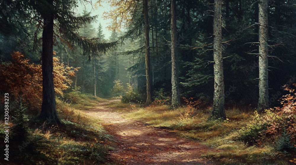 Obraz premium A trail cutting through a dense forest.