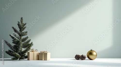 Christmas gifts under tree, light pattern on plain wall