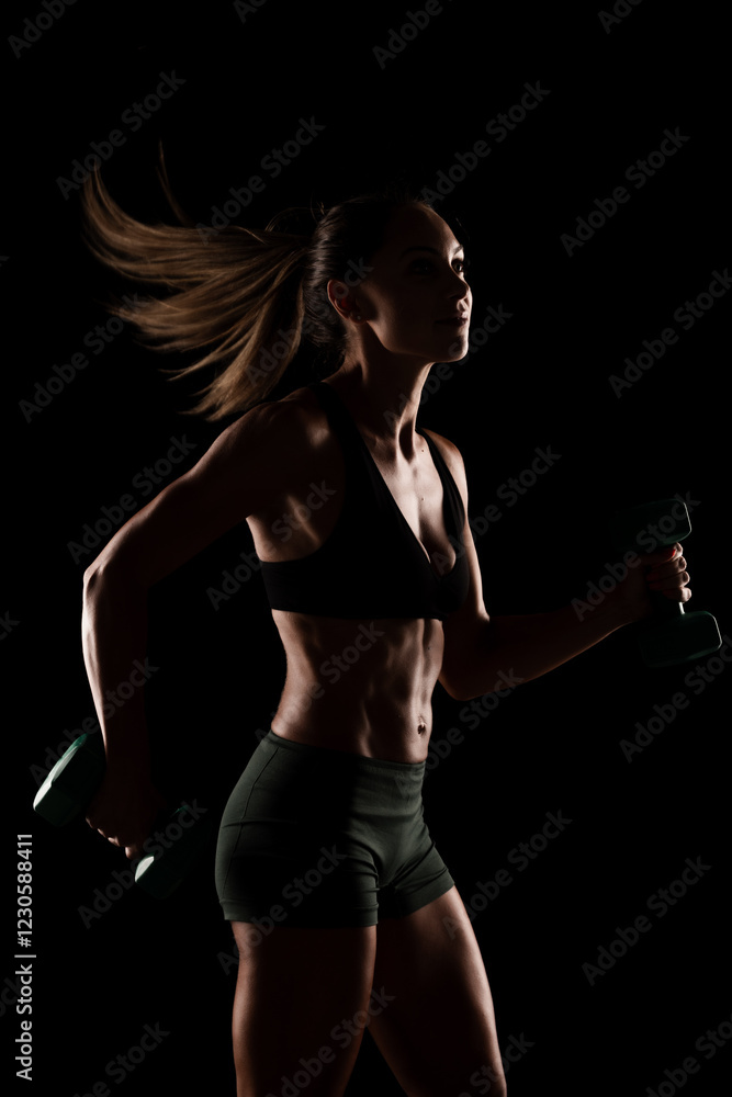 Athletic woman exercising with dumbbells in a gym-focused low light environment Athletic woman exercising with dumbbells in a gym-focused low light environment
