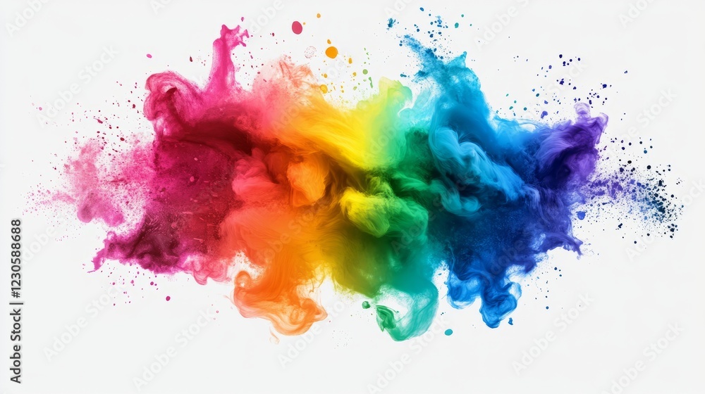 A colorful explosion of paint is shown on a white background. The colors are red, yellow, green, blue, and purple