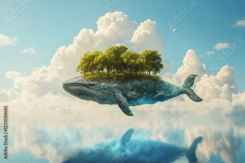 A dreamlike scene of a whale carrying an island, surrounded by clouds and calm water, evoking imagination and wonder. photo