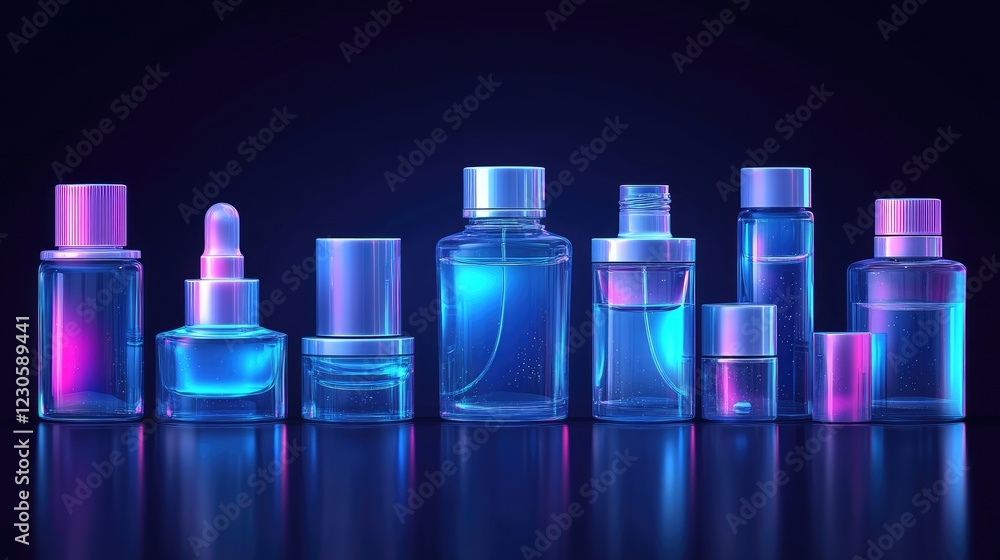 Stylish Array of Modern Cosmetic Bottles with Neon Lights and Reflections Stylish Array of Modern Cosmetic Bottles with Neon Lights and Reflections