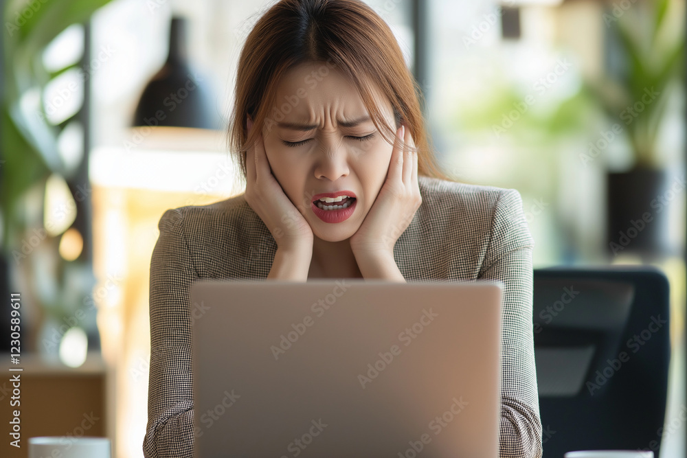 Stressed woman holding head in frustration while working on laptop Stressed woman holding head in frustration while working on laptop