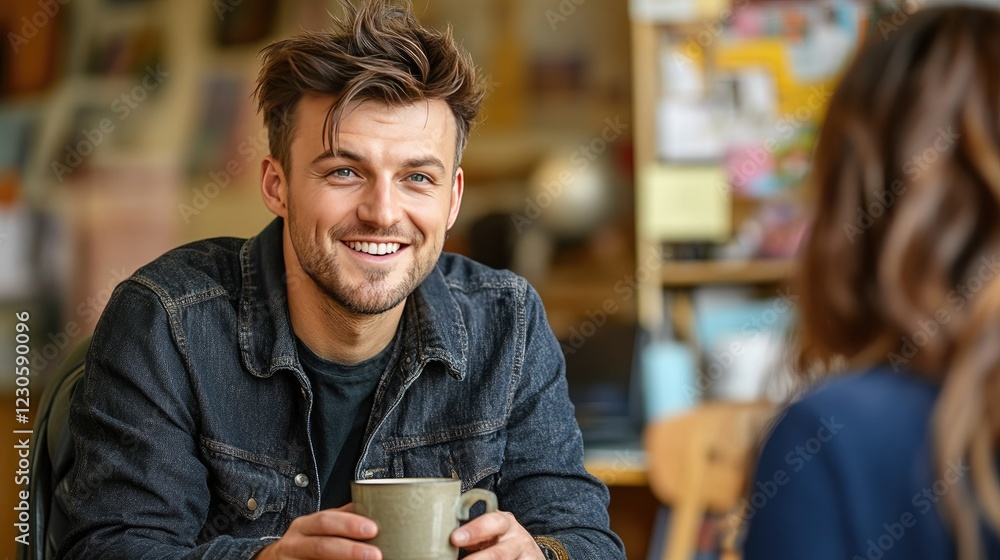 Smiling Young Man Enjoying Coffee in Cozy Cafe Setting Smiling Young Man Enjoying Coffee in Cozy Cafe Setting