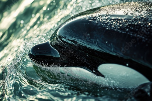 Close-up of an orca's head breaking the water's surface, showcasing its sleek, dark skin and white markings. photo