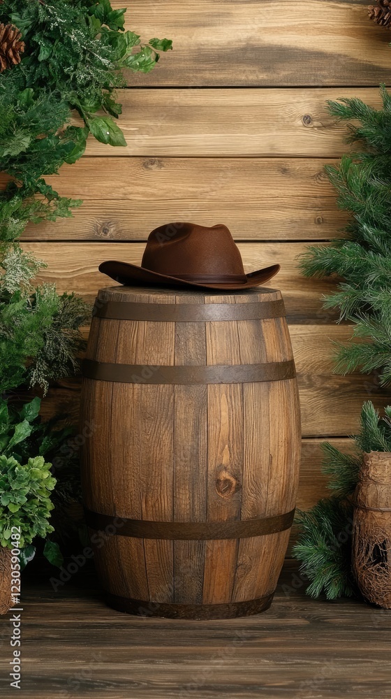 Obraz premium An old leather cowboy hat rests on a barrel with a concrete wall behind, showcasing Wild West style and offering room for design elements