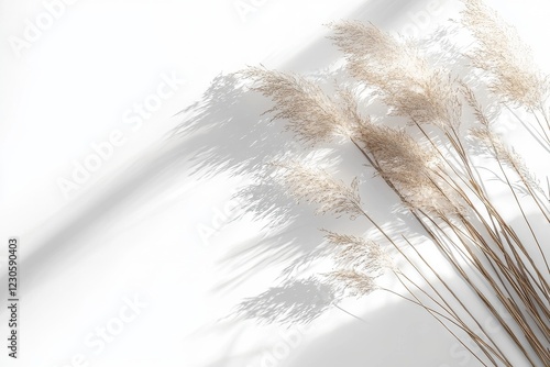 A detailed close-up of a beautiful dry grass bouquet, including bunny tail, Lagurus ovatus, and festuca plants, illuminated by sunlight. The scene features long, deep shadows and a beige wall
