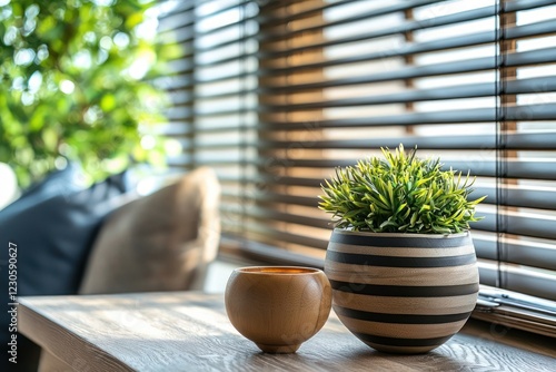 Stylish modern window dressed with wooden blinds indoors, blending elegance with functionality photo